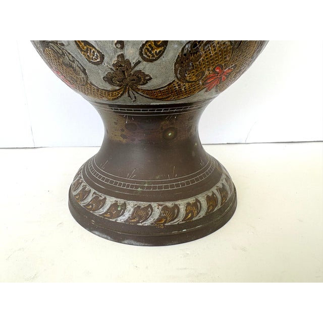 Vintage Etched Enameled Brass Vase With Floral Motifs by Penco Industries, India, C. 1970s For Sale - Image 4 of 10