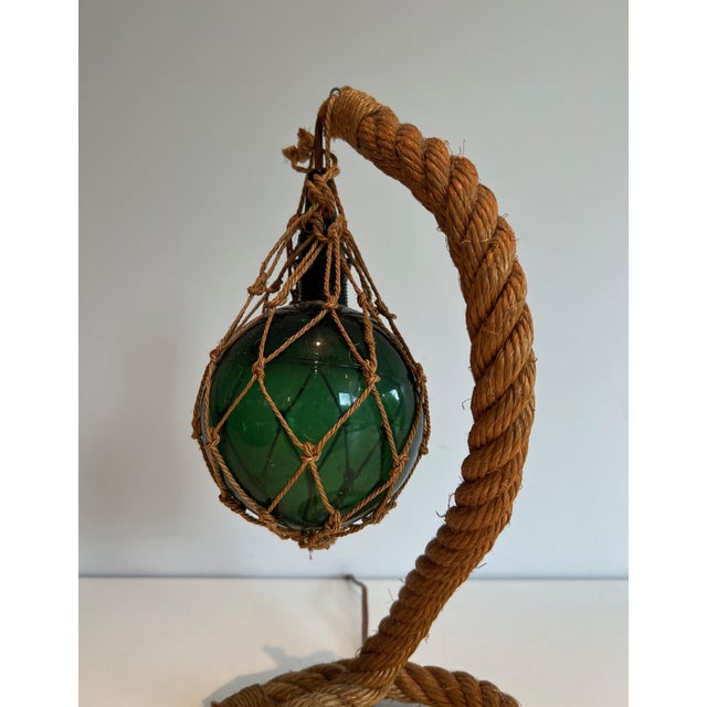 Brown 1950s Mid-Century Modern Rope and green glass table lamp by Adrien Audoux & Frida Minet (Audoux Minet) For Sale - Image 8 of 12