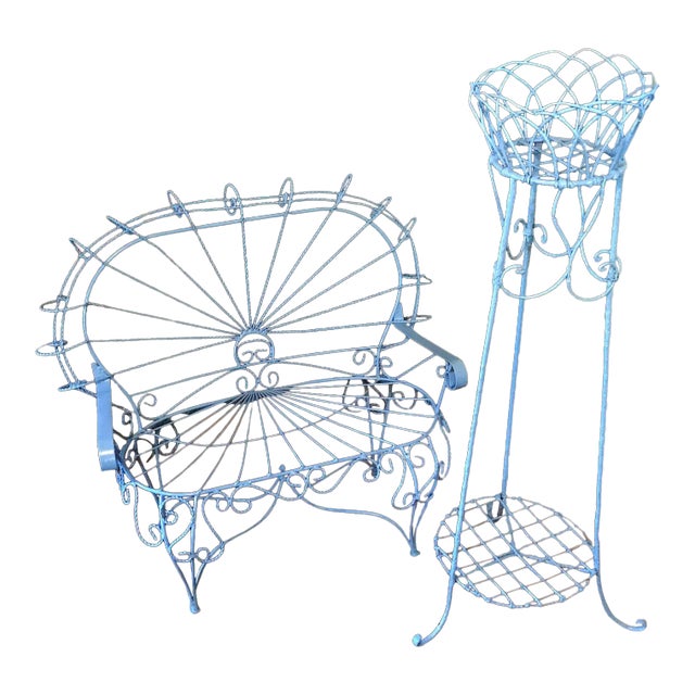 Blue Wire-Woven Plant Stands - A Pair For Sale