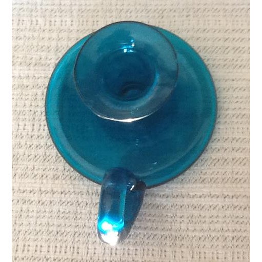 American Vintage Teal Glass Colonial Chamber Candlestick Holder For Sale - Image 3 of 6
