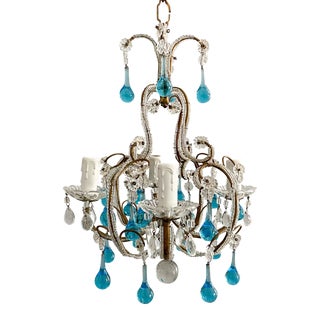 Italian Crystal Beaded Chandelier With Turquoise Glass Drops For Sale
