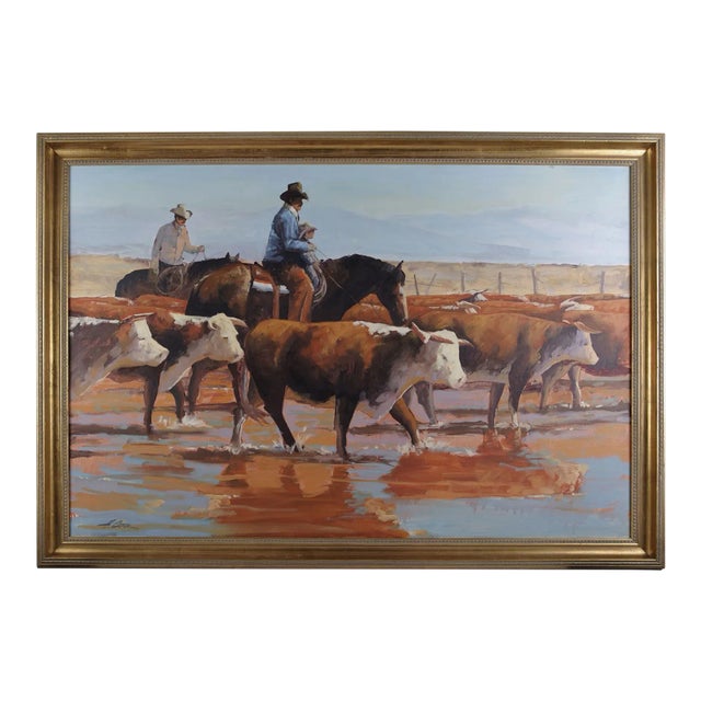 Vintage Howard Carr Herding Cattle With Child Oil Painting For Sale