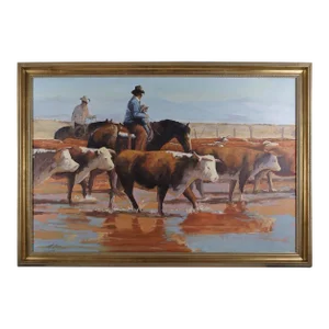 Vintage Howard Carr Herding Cattle With Child Oil Painting