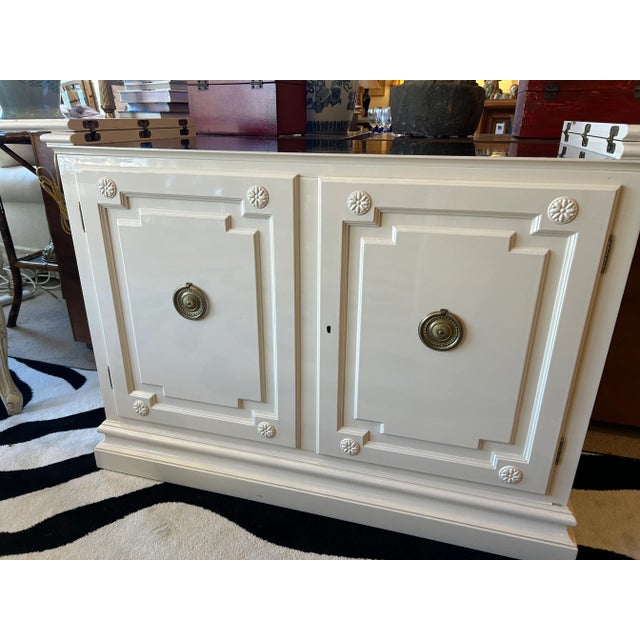 Stylish very versatile vanilla & black lacquer dry bar or sideboard having top that flips open with two extensions, 71.75...