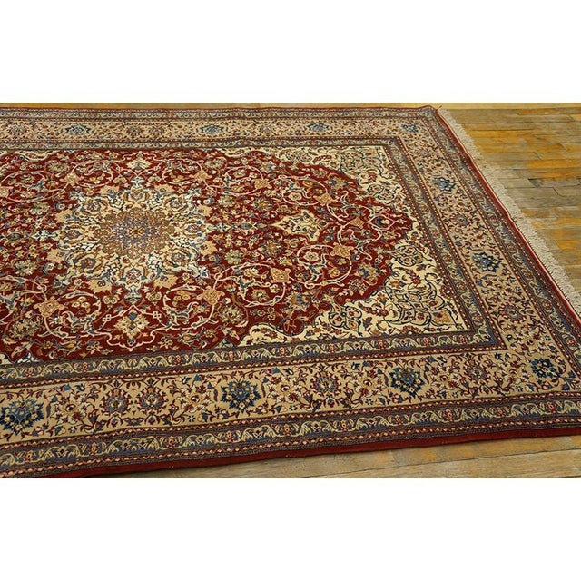 Red 1950s Red Field Traditional Medallion Vintage Isfahan Wool Silk Small Carpet Rug For Sale - Image 8 of 9