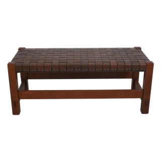 Stickley Mission Oak Leather Woven Seat Bench For Sale
