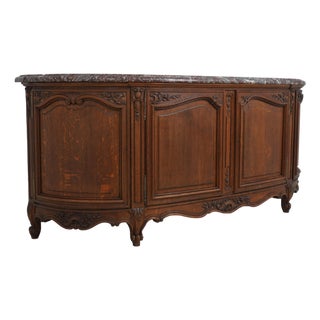 Maison Gouffe Vintage French Oak 4 Door Marble Top Console For Sale