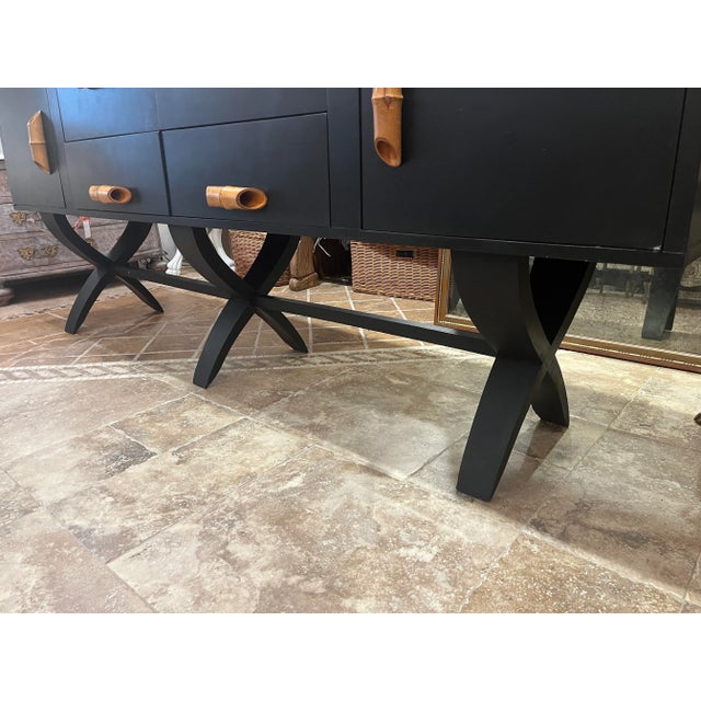 Custom-Made Mid-Century Style Credenza, one of a kind ebonized finish with unique bamboo pulls. Lots of storage.