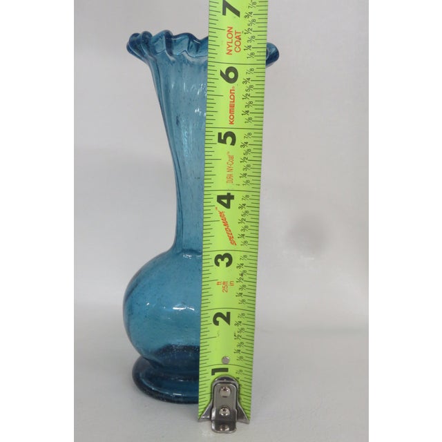 Small Aqua Blue Vase Mexican Hand Blown Art Glass With Fluted Ruffle Rim 4742b For Sale - Image 9 of 14