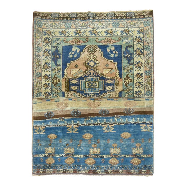 Eclectic Green Denim Blue Sampler Rug, 20th Century - 3'7" x 4'3" For Sale