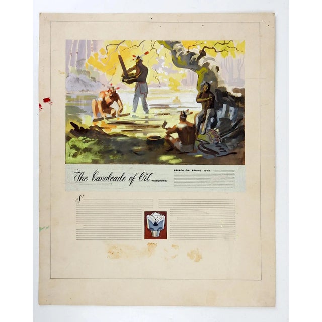 Vintage mid 20th century gouache on artist board painting. Group of Native Americans at lakeside. This is probably a...