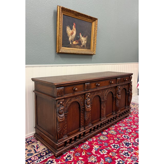 Antique English Renaissance Style Sideboard Server Entry Buffet Oak c.1930-40s For Sale - Image 15 of 18