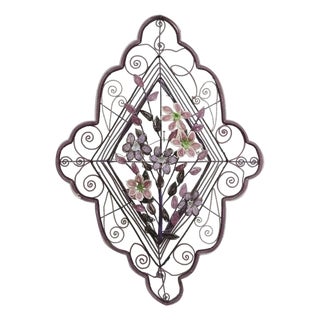 Early 20th Century French Victorian Glass Beaded Purple Flower Casket Wreath Wall Sculpture (A) For Sale