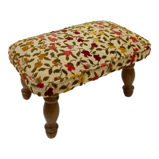 Antique Floral Embroidered Turned Wood Stool For Sale