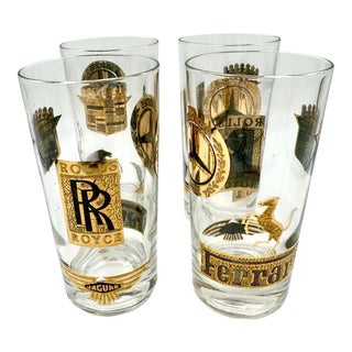 Vintage Gold Rolls Royce Ferrari Drinking Glasses Set of 4 For Sale