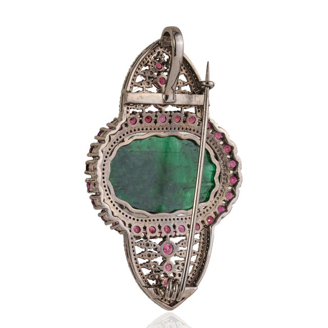 Vintage Style Ornate 20 Ct Handcarved Emerald Ruby & Diamond Christmas Brooch Pendant For Sale - Image 6 of 15