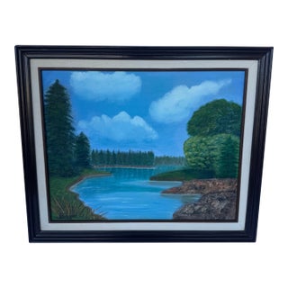 Signed Original 1992 Oil Landscape Painting by J. Brown in Original Wood Frame For Sale