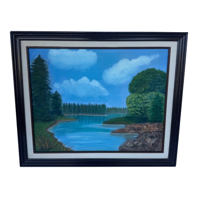 Signed Original 1992 Oil Landscape Painting by J. Brown in Original Wood Frame For Sale