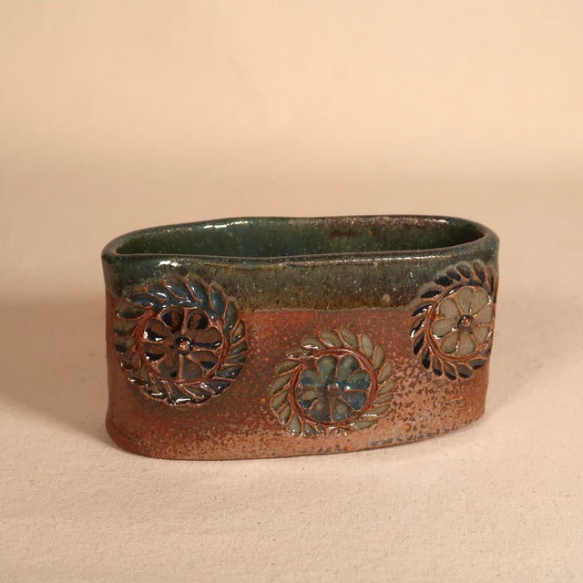 Mid-Century Modern 1970s Handcrafted Signed Studio Pottery Floral Relief Ceramic Vessel Cachepot in Earthy Brown & Green Glaze For Sale - Image 3 of 15
