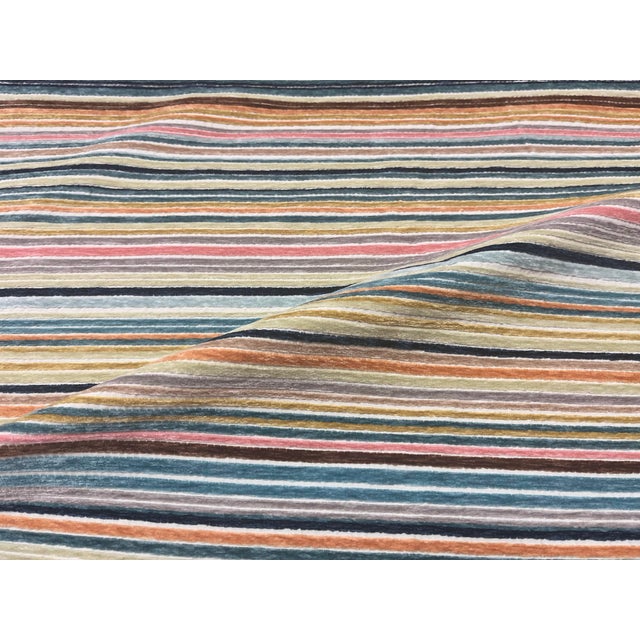Transitional Designer Navy Blue Mustard Gold Coral Teal Brown Chenille Stripe Upholstery Fabric For Sale - Image 3 of 4