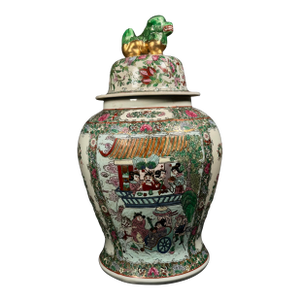 Large 20th C. Chinese Rose Medallion Porcelain Covered Urn With Figural Panels & Enamel Decoration