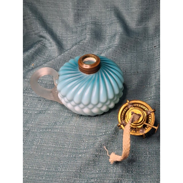 Rare Antique Blue Satin Glass Oil Kerosene Finger Lamp Hand-Blown Uv Reactive For Sale - Image 13 of 18