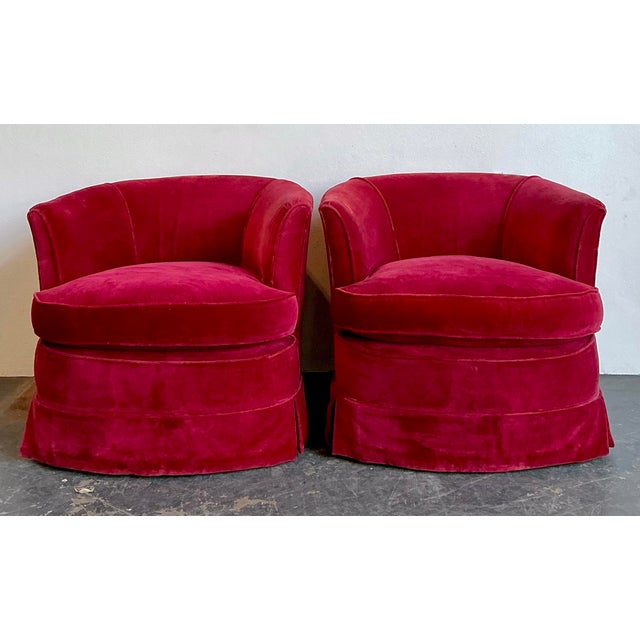 Vintage Custom Red Velvet Swivel Chairs - A Pair For Sale - Image 10 of 12