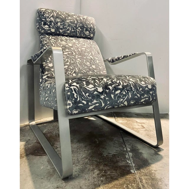 Original Retail $5260, stylish Caracole Abstract Modern Exposition Lounge Chairs Pair, satin nickel finished metal frame,...