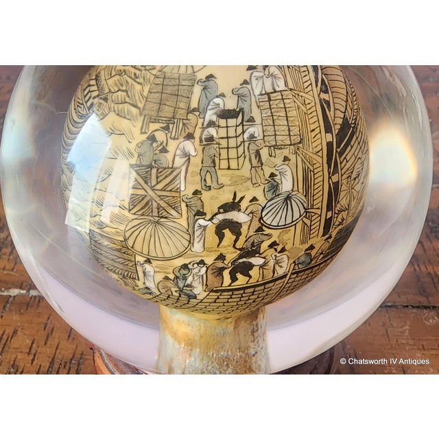 Wood Vintage Chinese Reverse Interior Painted Glass Paperweight Sphere on Wood Base, C1950s For Sale - Image 7 of 11