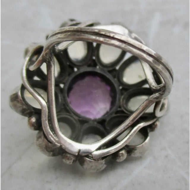 Amythest and MoonStone Floral Silver Cocktail Ring For Sale In New York - Image 6 of 7
