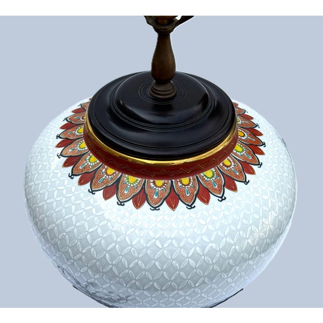 Wildwood Mid‑Century Ceramic Lamp With Carved Wood Base, Hand‑Painted For Sale In New York - Image 6 of 14