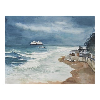 Contemporary Coastal Ocean Beach Ferry Watercolor Painting For Sale