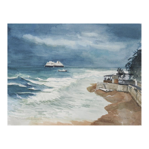 Contemporary Coastal Ocean Ferry Watercolor Painting
