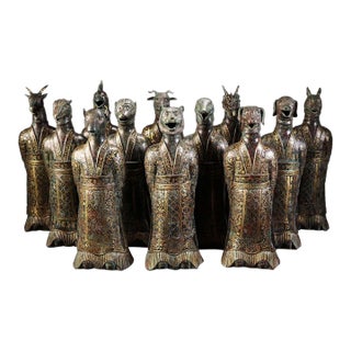 Set of 12 Bronze Chinese Zodiac Statues, Gold Inlaid Archaic Style For Sale
