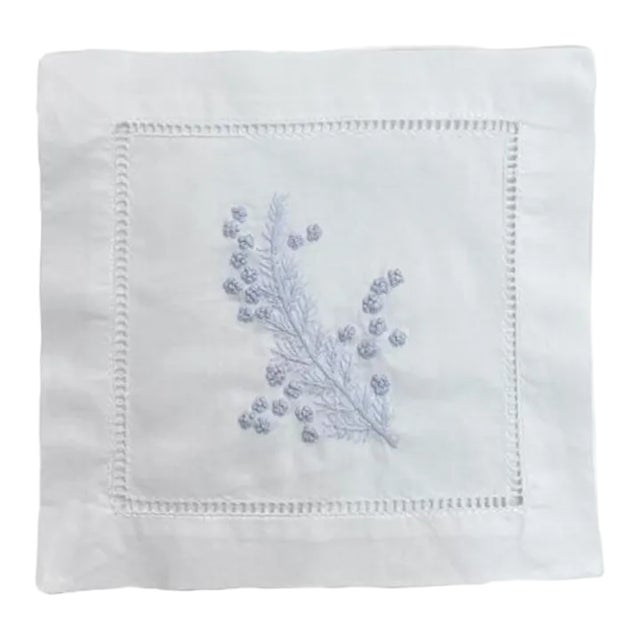 Fern Cocktail Napkins in White Cotton With Hem Stitch, Embroidered - Set of 4 For Sale
