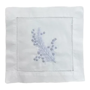 Fern Cocktail Napkins in White Cotton With Hem Stitch, Embroidered - Set of 4