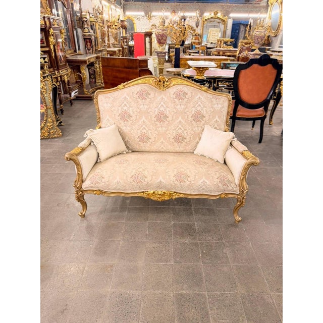 1960s Vintage Rococo Canapa Loveseat Blush Beige Damask Upholstery For Sale - Image 5 of 8