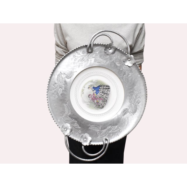 Victorian Hand Hammered Wrought Farberware Brooklyn Ny With Inserted China Plate Platter Tray For Sale - Image 10 of 11