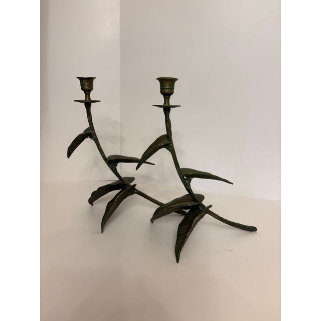 1960s 1960's Four Leaf Bronze W/Patina Candleholders - A Pair For Sale - Image 5 of 6