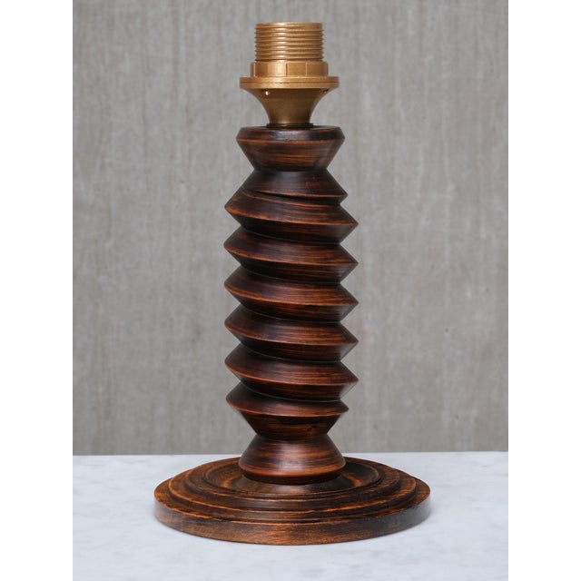 Mid-Century Modern Sculptural Charles Dudouyt attributed Table Lamp in Oak and Linen, France, 1950s For Sale - Image 3 of 12