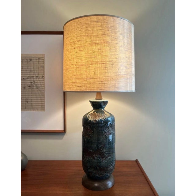 Vintage Mid Century Modern Brutalist 1960s Blue Ceramic Lava Glaze Table Lamp For Sale - Image 12 of 12