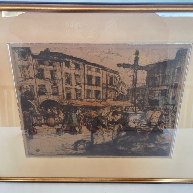 French Provincial Antique Armand Coussens (b.1881-1935) Color Etching French Market Scene For Sale - Image 3 of 10