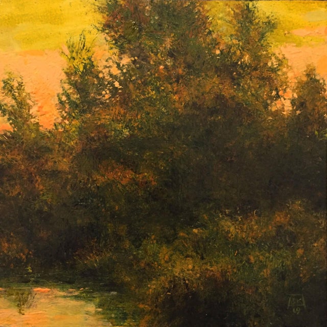 This artwork captures a serene evening landscape, where rich greens and warm golden hues blend to evoke a tranquil...