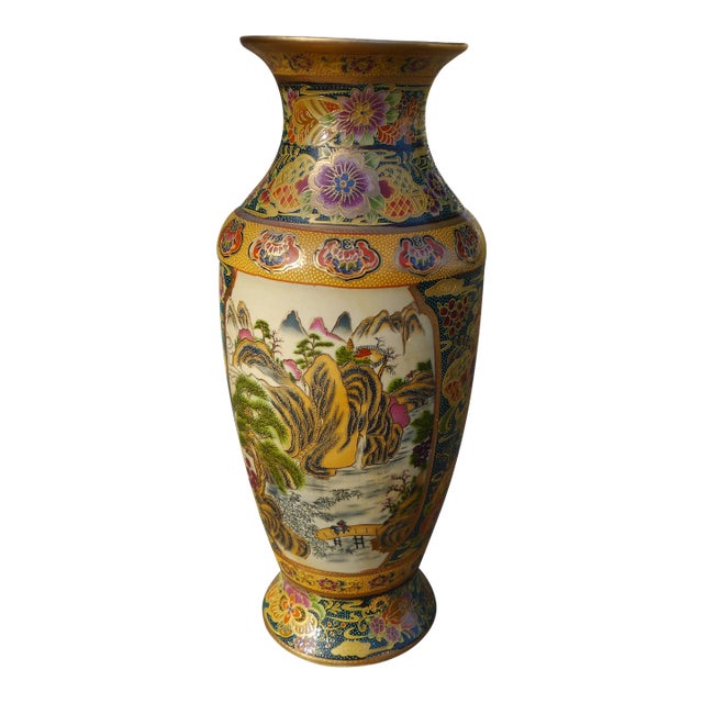 Vintage Royal Satsuma Vase Mountain Scene & Florals Moriage Gold Tone Green For Sale