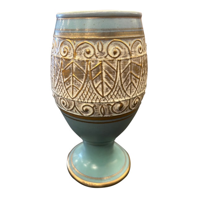1960’s Vee Jackson California Pottery Hand Decorated Gilded Chalice Vase For Sale