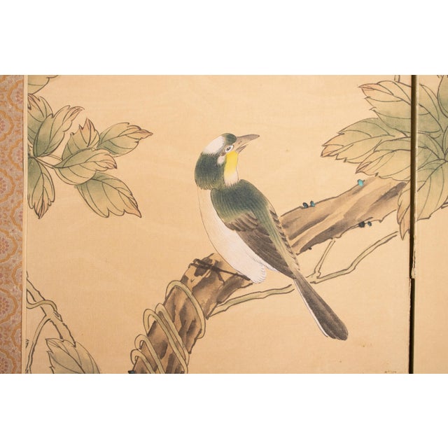 Lovely Maitland Smith 4-panel folding screen, depicting Magnolia flowers and Sparrows. Signed and sealed by artist....