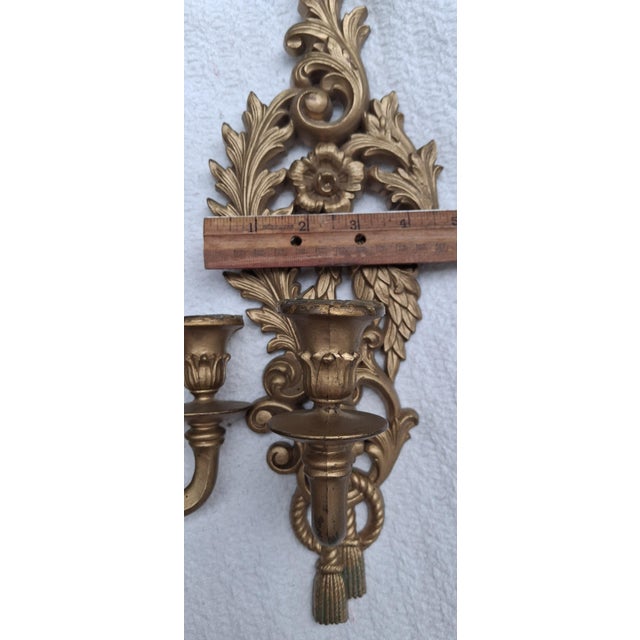 Plastic Vintage 1962 Burwood Products Co. Matched Pair Gold Rococo Wall Candle Sconces — Hollywood Regency, Made in Usa For Sale - Image 7 of 13