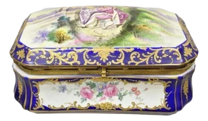 Antique French Victorian Porcelain Hand Painted Hinged Jewelry Trinket Box