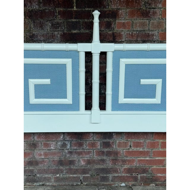 Mid-Century Modern Chic Vintage Palm Beach Regency Faux Bamboo King Size Headboard With Greek Key Motif - Newly Painted French Blue and White For Sale - Image 3 of 11