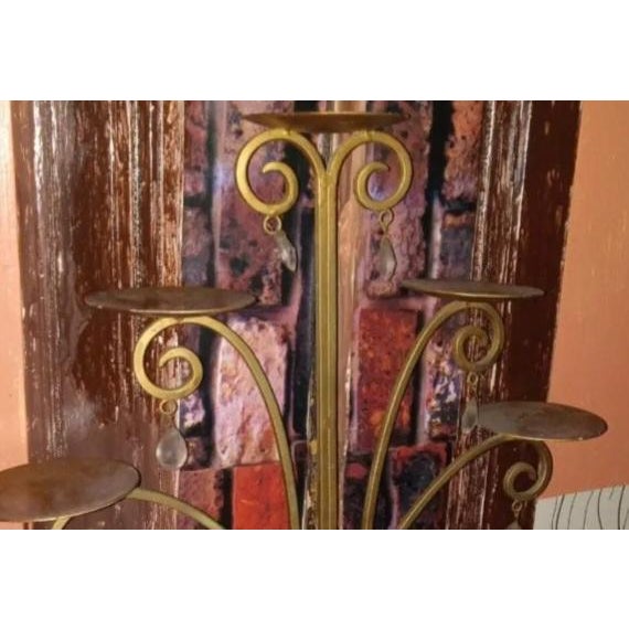 Baroque Spanish Revival Style Sculptural Gilded Woodland Antiquity Chandelier Candelabra Stand Gold Tone Metal Elegant Prisms Narrow Soft Canopy Candle Light For Sale - Image 3 of 10